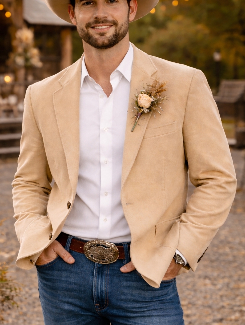 WWF Neutral Faux Suede 2-Button Blazer Sport Jacket Western Boho Wedding Tan L